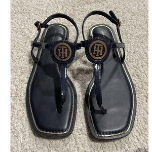 Tommy Hilfiger Womens Size 8.5 M Blue T-Strap TH Logo Sandals Thong Flats